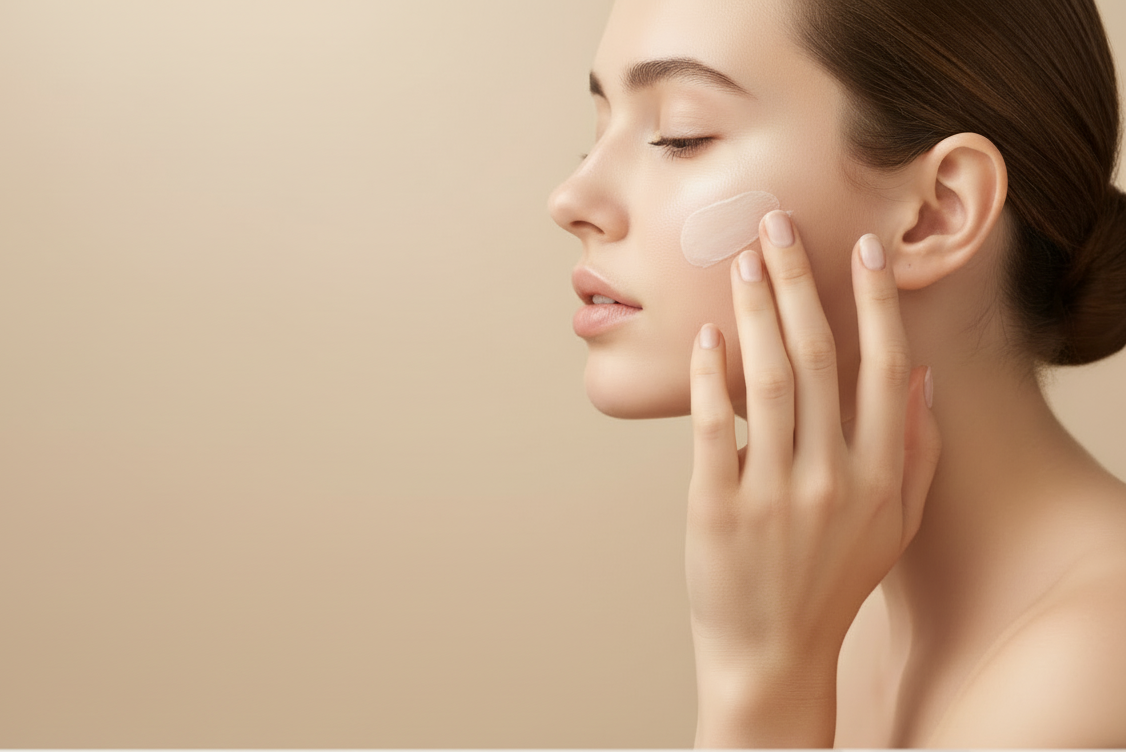 Femme de profil appliquant de la crème hydratante sans pot